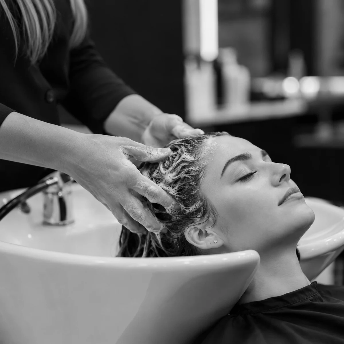 Professionista applica lo shampoo durante un trattamento in salone